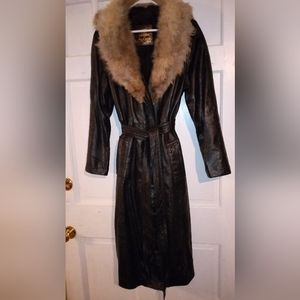 VINTAGE Genuine Black Leather Fur-trimmed Pimp Coat-XL